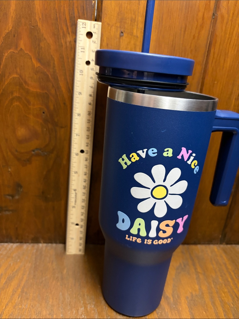 Life Is Good Blue Daisy Travel Tumbler with Handle and Straw - Picture 7 of 7